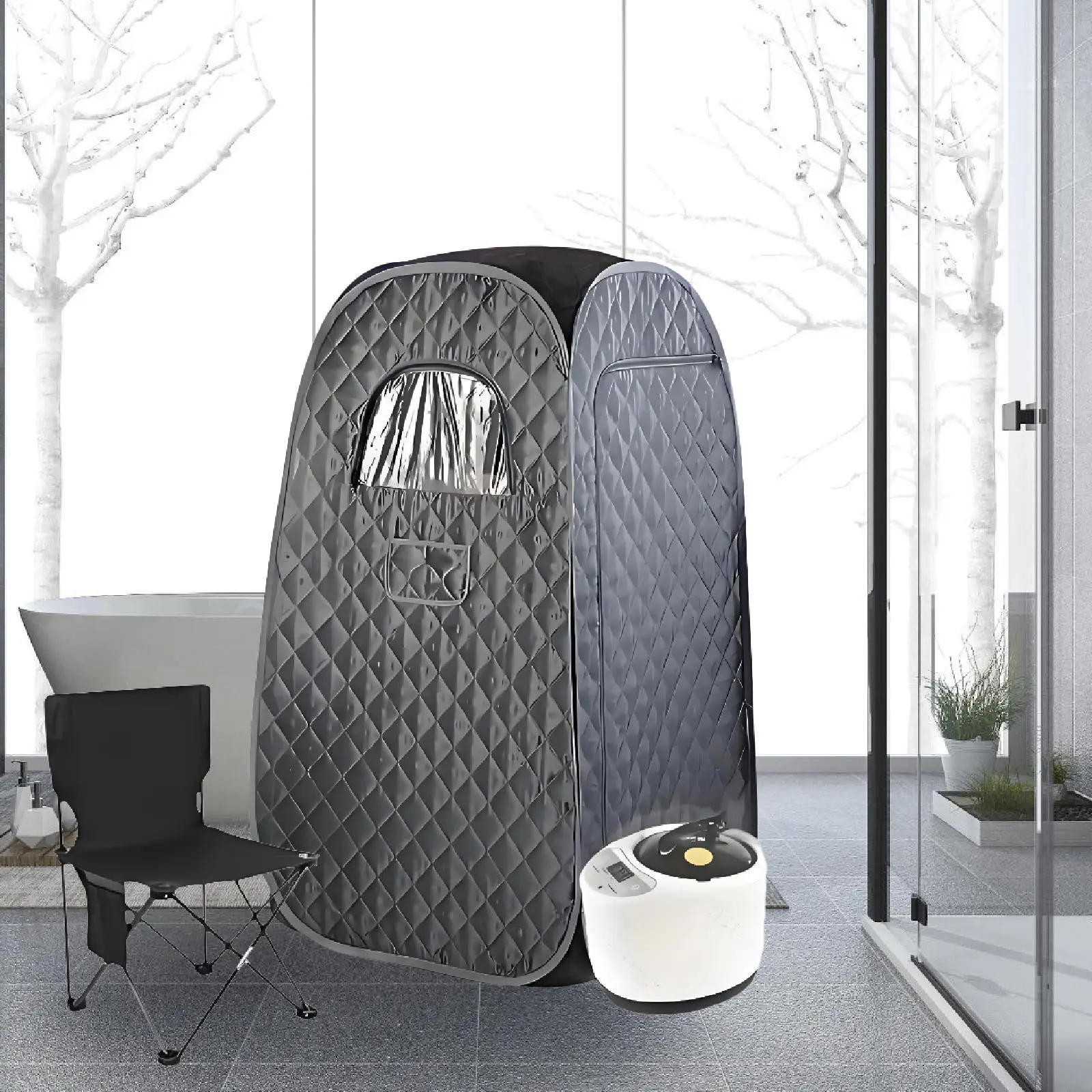 1 Portable Steam Sauna Set Home Spa Personal Sauna Box with Folding Chair Black Oxford Cloth for Home Relaxing Supplies