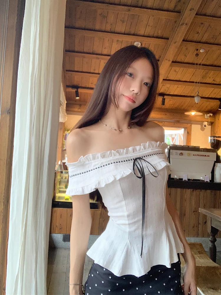 

Women's Summer Sweet Off Shoulder Slash Neck Lace Up Ruffles Slim Blouse Lady Sweet Short Sleeve Slim Shirt Top