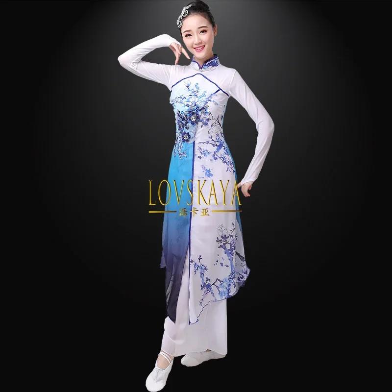 Classical performance costume  blue and white porcelain Chinese fan kite dance ink painting dance solo dance set