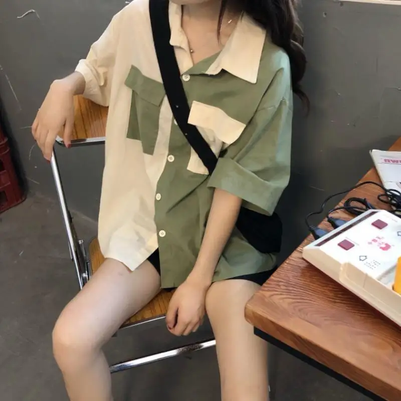 Summer Woman Clothes Preppy Style Loose HongKong Style Patchwork Casual Youth Fashion Korean Refreshing Office Lady Simplicity