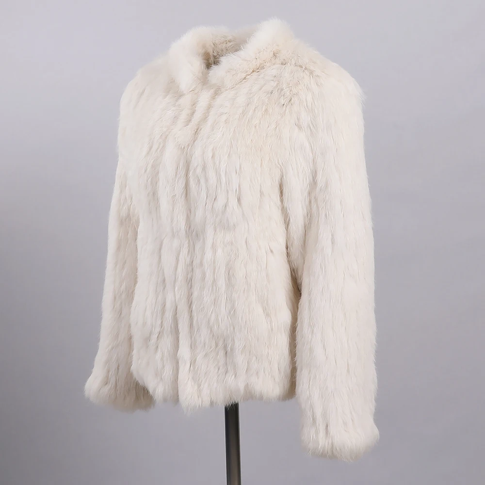 Women\'s Winter Real Rabbit Fur Knitted Jacket Female Classic Long Sleeve Stand Collar Genuine Fur Coat Lady Warm Outwear Fluffy