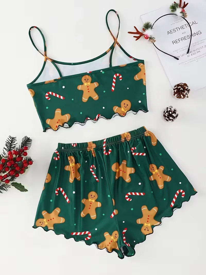 Christmas Clothes Cute Soft Gingerbread Print 2 Pieces Pajama Set Women's Sleepwear Crop Tops and Shorts Sets Loungewear