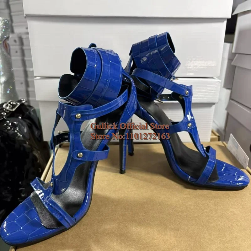 Royal Blue Patent Leather High Heel Sandals Women Pointed Open Toe Cutout Ankle Wrap Stiletto Heels Nightclub Party Shoes view 4