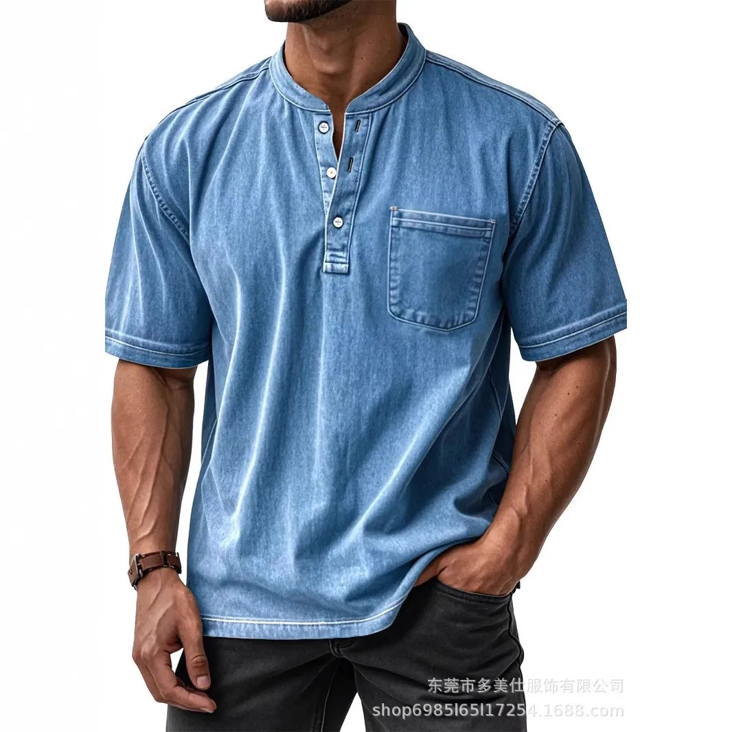 Light Shirt Solid Color Button Collar Slim Fit Garment Washed Casual Short Sleeve with Chest Pocket Navy Blue Charcoal Gray