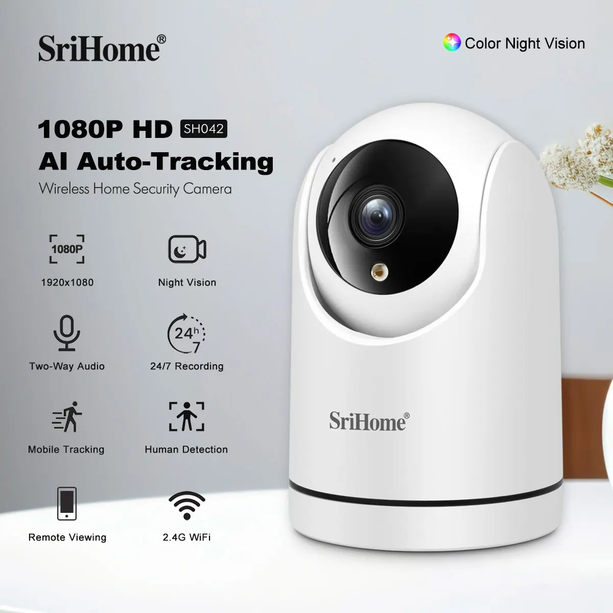 

SriHome WiFi IP Camera Full HD PTZ Colorful Night Vision Two Way Audio Baby Monitor Auto Tracking Home Security Camera SH042