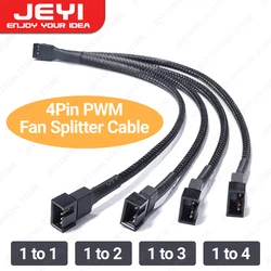 JEYI PC Fan Splitter Verlengkabel - 1 tot 4 PWM Fan Gevlochten Verlengkabel voor Moederbord, Desktop Computer CPU Fan