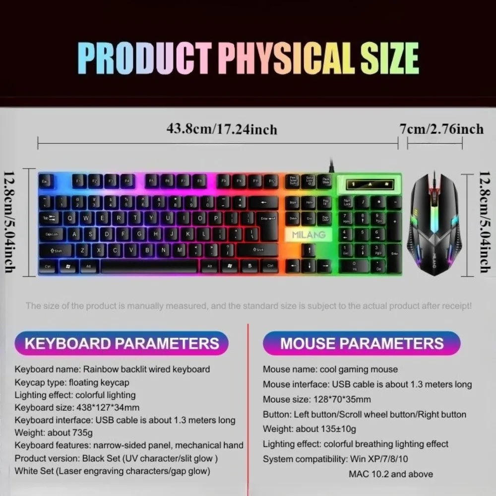 Rainbow backlit wired gaming keyboard and mouse set, plug and play wired keyboard and mouse combination, suitable for indoor leisure, e-sports and office peripherals of desktop and laptop computers view 6