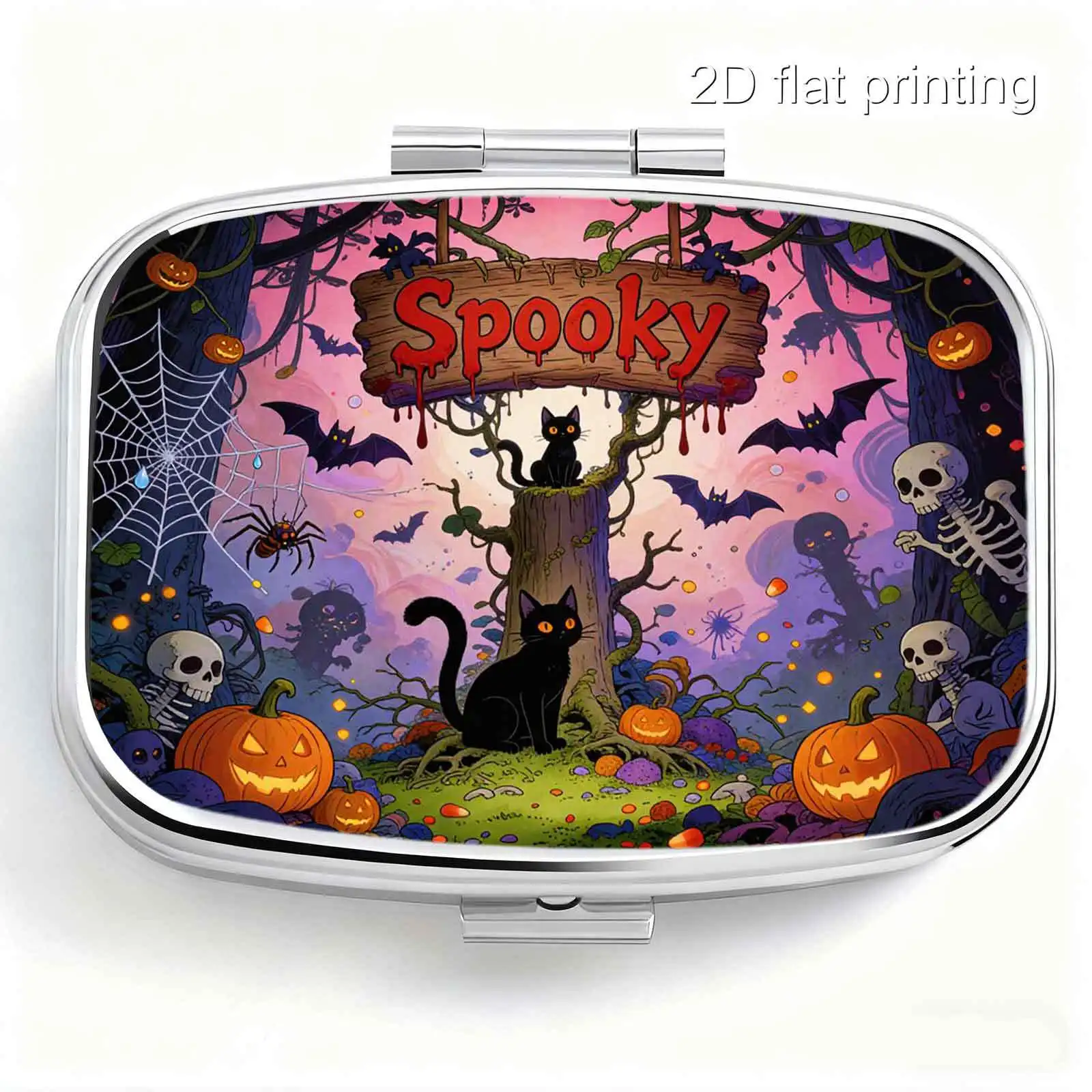 Halloween Dark Forest Black Cat Pumpkin Skull Bat Spooky Letter Illustration Pattern, Square Two-Compartment Small Pill Box, Portable Medicine Storage, Small Jewelry Storage, Suitable for Handbags or Travel, Holiday Gifts, Souvenirs, Prizes, Small Gifts, for Personal Use or as an Exquisite Gift Option