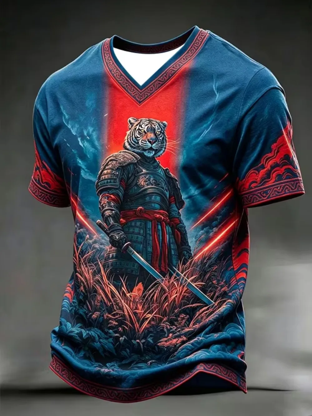 Tiger-faced Warrior Pattern 3D Print Sport Quickdry Breath Men V-neckT-shirt Outdoor Street Casual Fashion Training Parent-Child