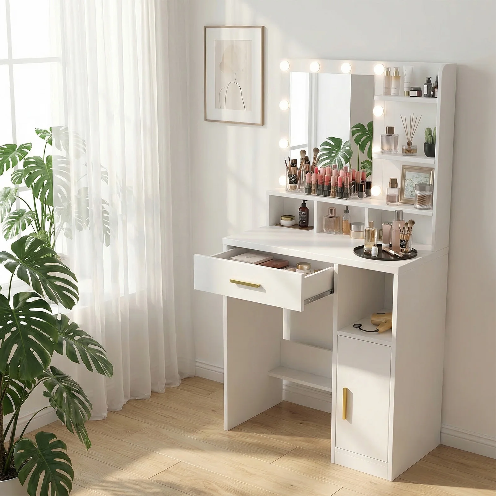 Vanity Desk w Mirror Makeup Desk w 10 Dimmable Bulbs Drawers Cabinet Shelves Stool 3 Color Adjustable Lighting for Dressing Room