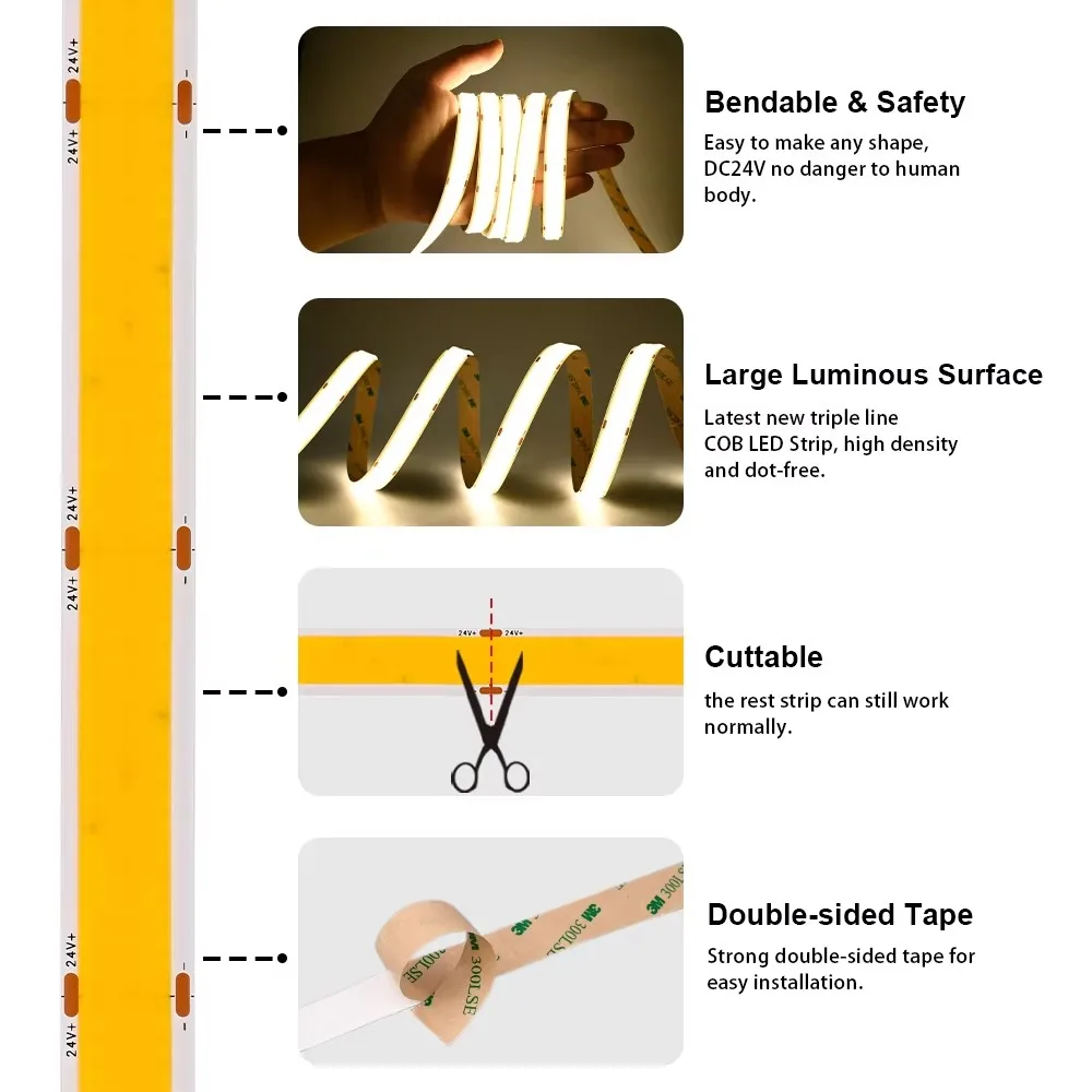 3 Rows Flexible COB LED Strip 2600lm/m Super Bright High Density 960 LEDs/m Dimmable RA90 3000K 4000K 6500K DC24V Led Lights