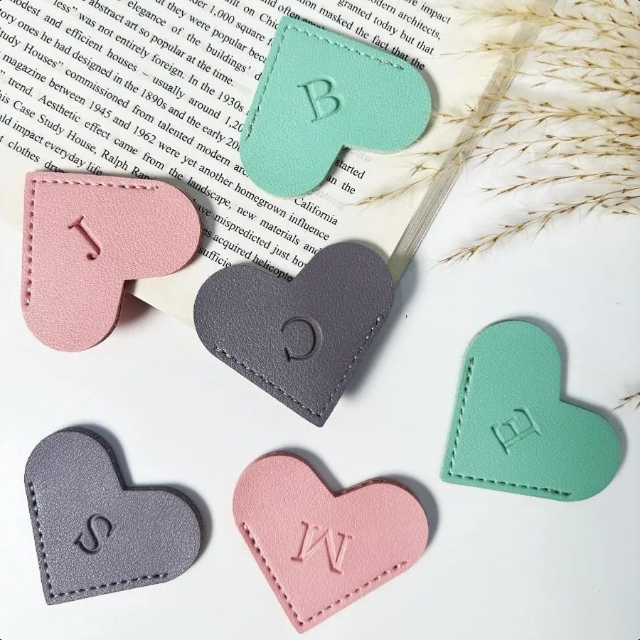 Personalized Leather Heart Bookmark with Initial Cute Letters Custom Corner Book Mark for Reading Women Teacher Student Book Lo