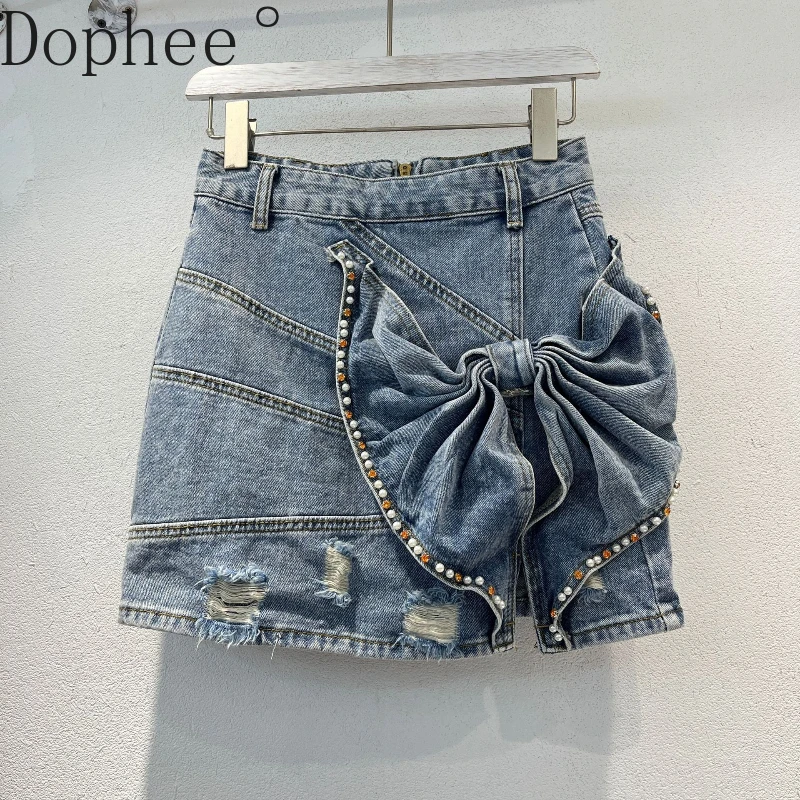 

3d Bow Beading Design Female Denim Skirts 2024 New Autumn Fashion All-match Hole High Waist Diamonds Wrap Buttocks A-line Skirt