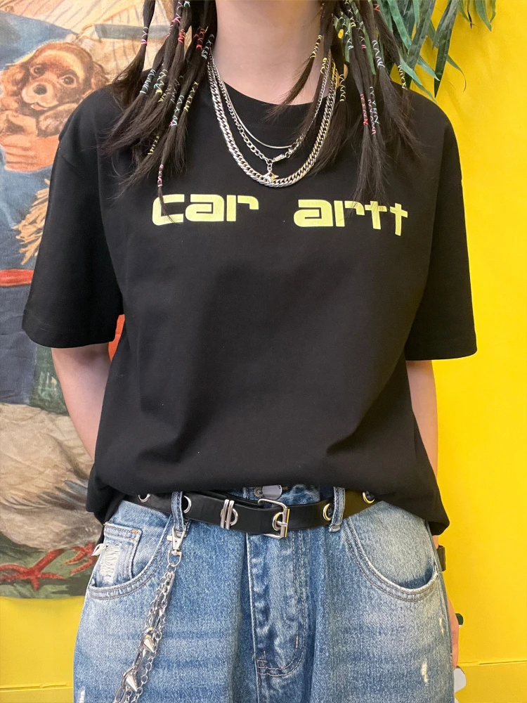 Heavyweight 260G Fluorescent Letter Car Slimming T-Shirt Short Sleeve Retro Belly Covering Fashionable Women's Top