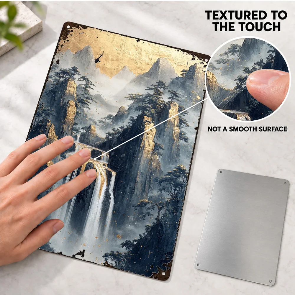 Golden Waterfall Landscape Textured Metal Poster Bold Design Cabin Wall Art Personalized Aluminum Sign Outdoor Enthusiast Gift