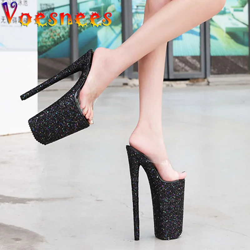 Women Summer Stiletto Sandals 2022 Newest Sequined Heels Pumps 26CM Party Ladies Slippers Transparent PVC Round Toe Model Shoes