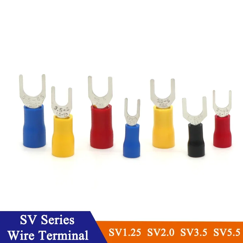 50pcs SV Type Wire Spring Terminal SV1.25 SV5.5 Fork U Y PVC Insulate Ferrules Block Spade Cold Press Cable End Crimp Connector