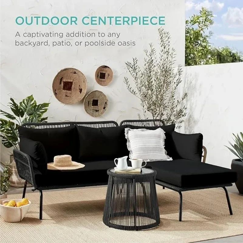 Outdoor Rope Woven Sectional Patio Furniture L-Shaped Sofa Set for Backyard, Thick Cushions, Detachable Lounger, Side Table