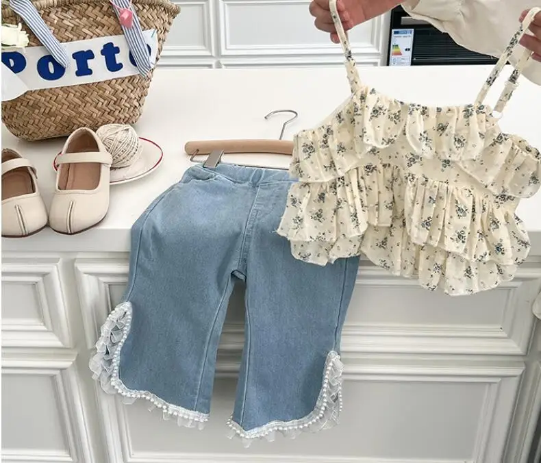 Summer 2023 new kids girl sweet Fashion  flower sling Tops + lace pearl jeans denim Cropped  Pants two-piece clothes sets