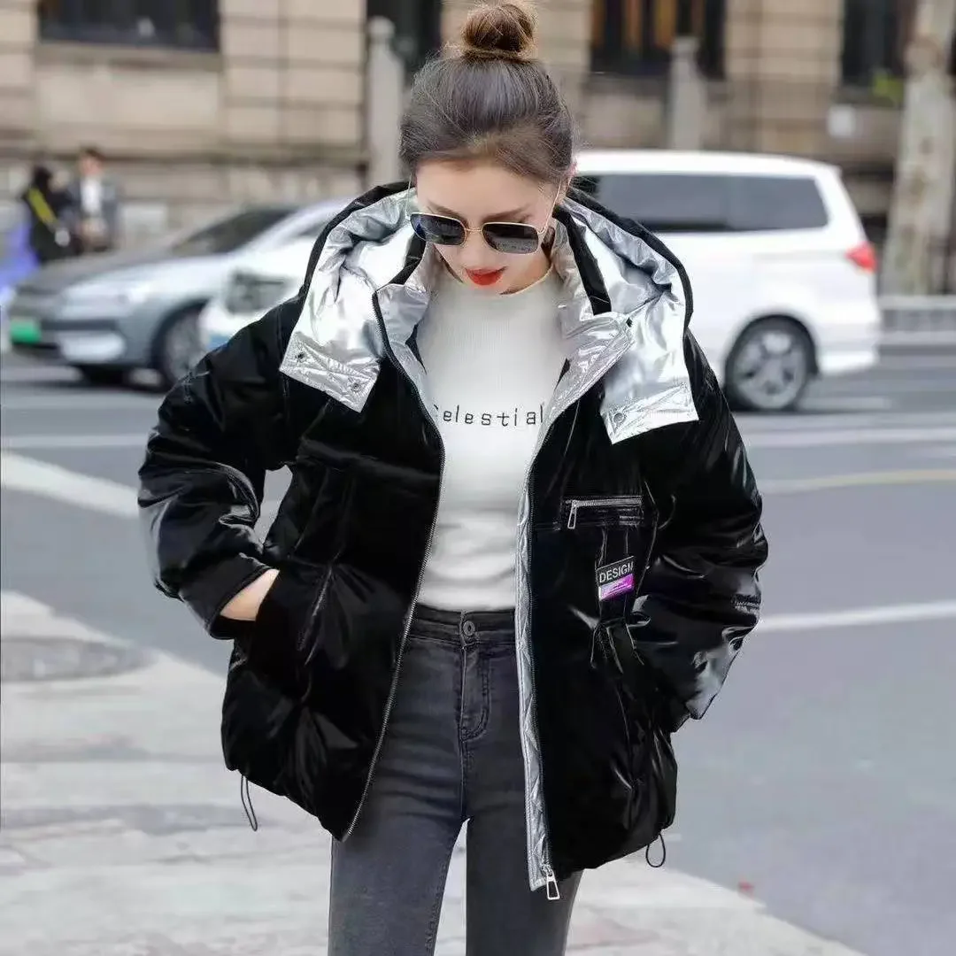 Fashion Women's Glossy Down Cotton Jacket 2025 Winter New Loose Hooded Casual Jackets Female Warm Cotton Thicken Coat