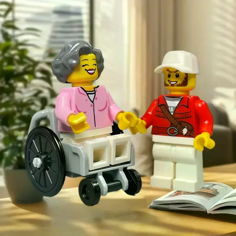 Conjunto de blocos de construção de 2 peças para crianças, brinquedos moc de carrinho de mão para cadeira de rodas, tijolos educacionais, itens para presente de figura de auxílio à mobilidade