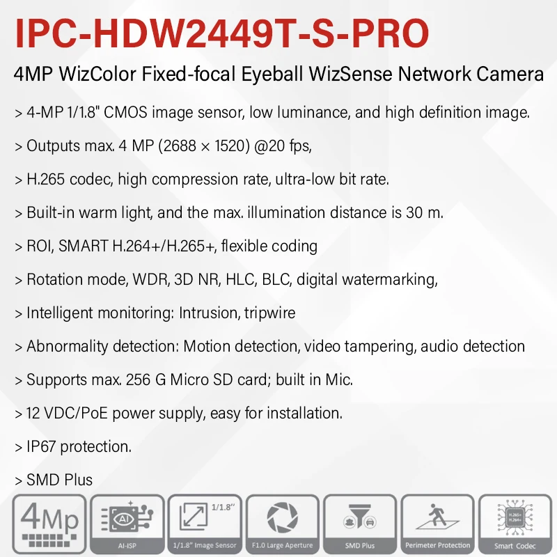 Dahua 4MP 8MP Wizcolor IP Camera 4K HD Night Vision Bright As Day Built in Mic 4K Smart Detection HDW2449T-S-PRO -HDW2849T-S-PRO
