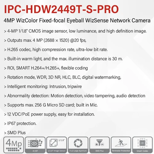 Imagen 2 del producto Dahua 4MP 8MP Wizcolor cámara IP 4K HD visión nocturna brillante como día micrófono incorporado 4K detección inteligente HDW2449T-S-PRO -HDW2849T-S-PRO