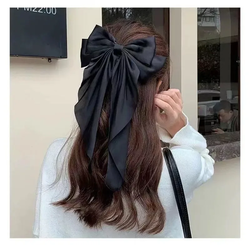 Kobiety elegancka kokardka wstążka spinki do włosów jednokolorowe satynowe klipsy z kokardką dziewczyny koreańskie spinki do włosów stroik imprezowy akcesoria do włosów 2024 — zdjęcie 5