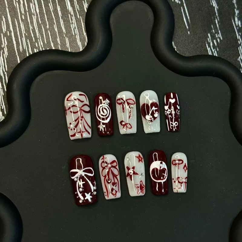 

10PCS Handmade Sweet Cool Nails Red Bow Fruit Hand PaintedPress on Nails Niche Hot Girl Style Cute False Nails for Women 네일팁 수제