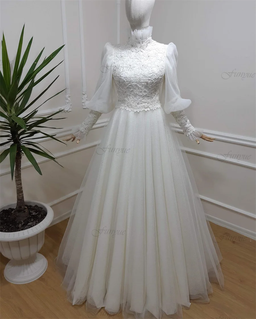 

Robe De Mariée Princesse Dubai Muslim Wedding Gowns for Women 2023 Bride High Neck A-Line Tulle Long Sleeve Bridal Dress Lace