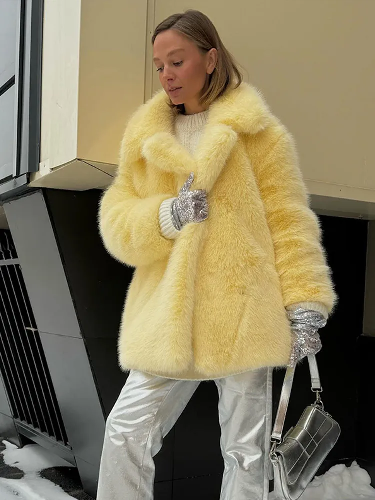 Vintage Thicken Fluffy Fur Coats Women Casual Loose Warm Yellow Faux Fur Open Overcoat Female Winter Elegant Chic Street Outwear