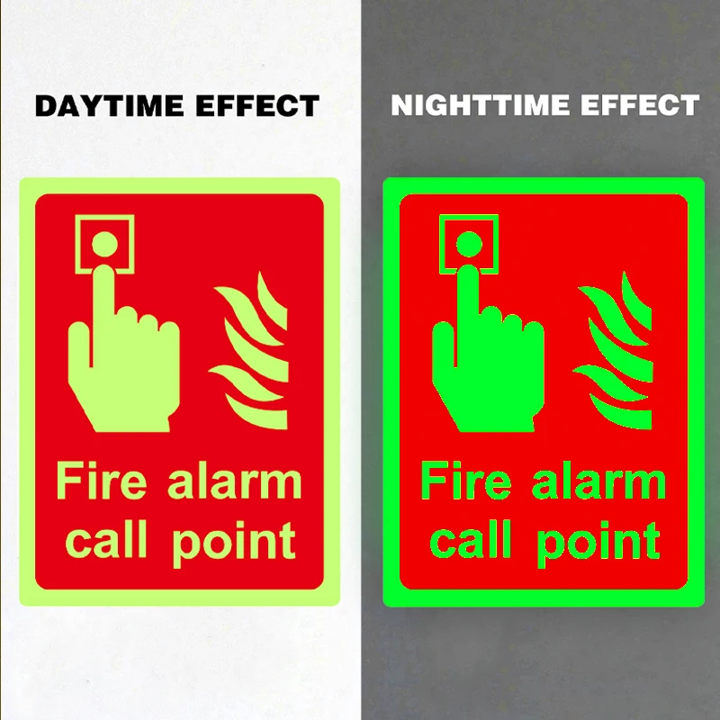 1Pcs 6*8in Night Glow Emergency Fire Warning Button Marking Sticker Glow-In-The-Dark Fire Equipment Sticker Emergency Guidance Label Sticker