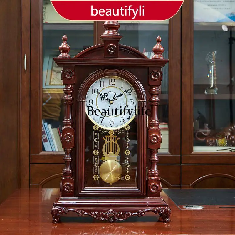 Chinese solid wood desk clock strikes the time on the hour, retro desk clockhome living room desktop desktop clockEuropean style
