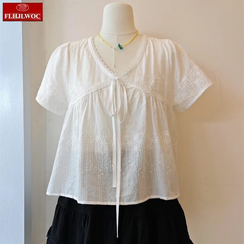 Bonito mistura de algodão topos curto chique coreia bonito boneca camisa design 2025 mulher verão babados casual gravata borboleta camisa de renda branca blusa