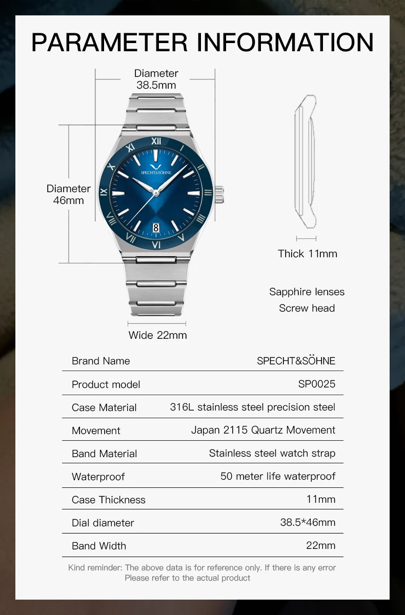 Dropshipping New Fashion Specht & Söhne Luxury Quartz Watch For Men 38MM Stainless Steel Watch Sapphire Crystal 50M Waterproof image 2