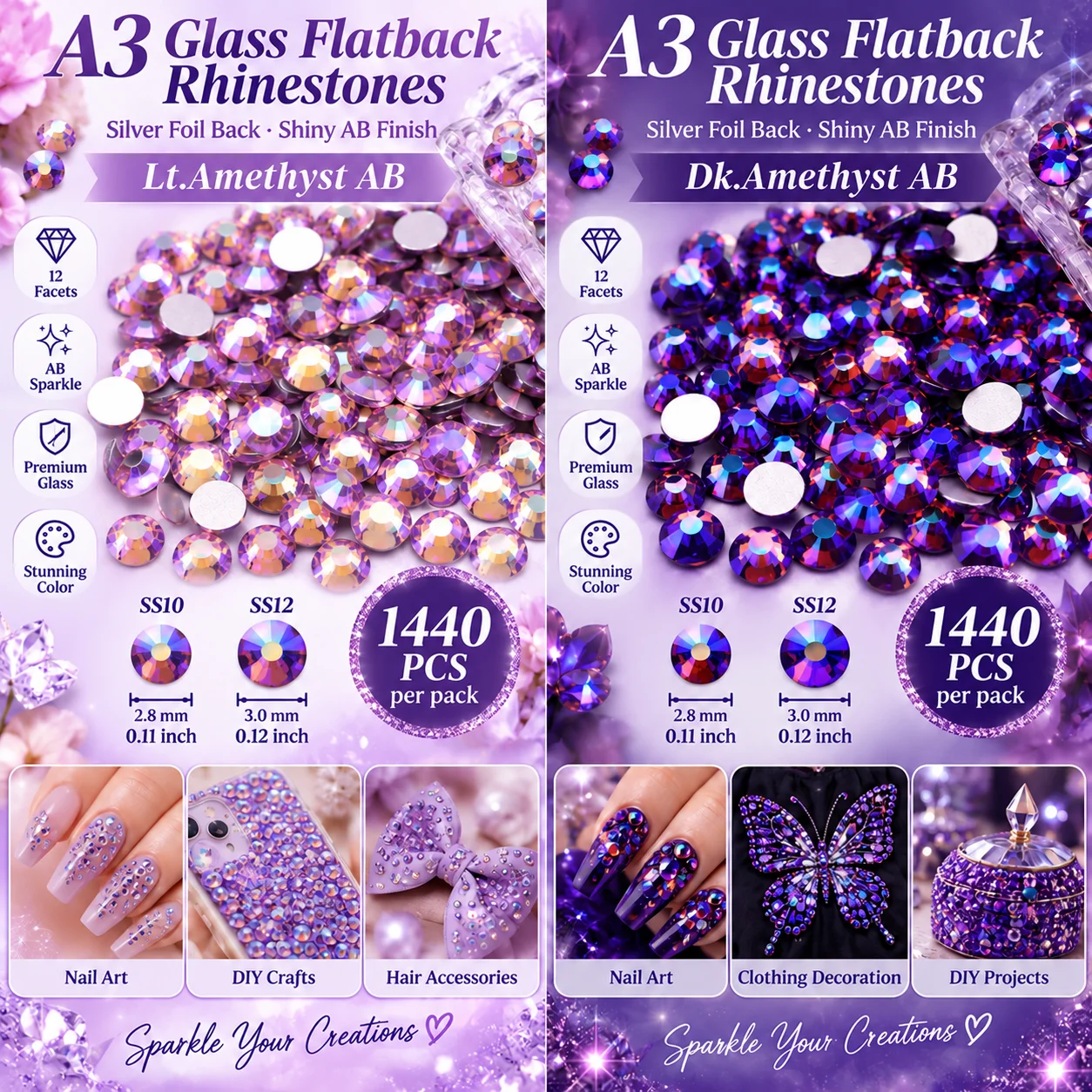 A3 Glass Flatback Rhinestones Silvery Foil AB Colors 1440Pcs/Pack SS10 SS12 8 Colors Crystal Gems for Nail Art Clothing Bags DIY
