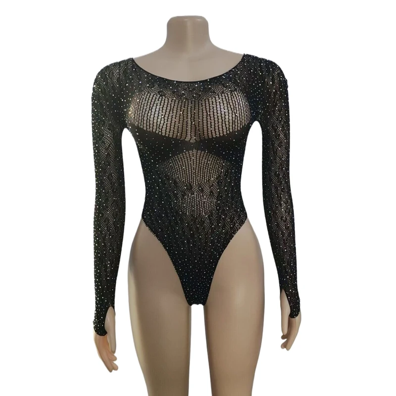 Damen Bodystocking Netzstrumpf Strass Bodysuit Transparenter Mesh Nachtclub Sexy Dessous Unterhemd Romper für Frauen Unterhemd – Detail 2