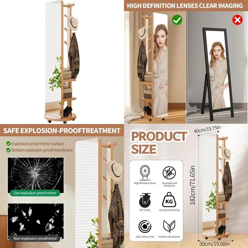 Übergroßer Bodenspiegel aus massivem Holz mit Garderobe und Ablageflächen – Körperspiegel in voller Länge für die Inneneinrichtung