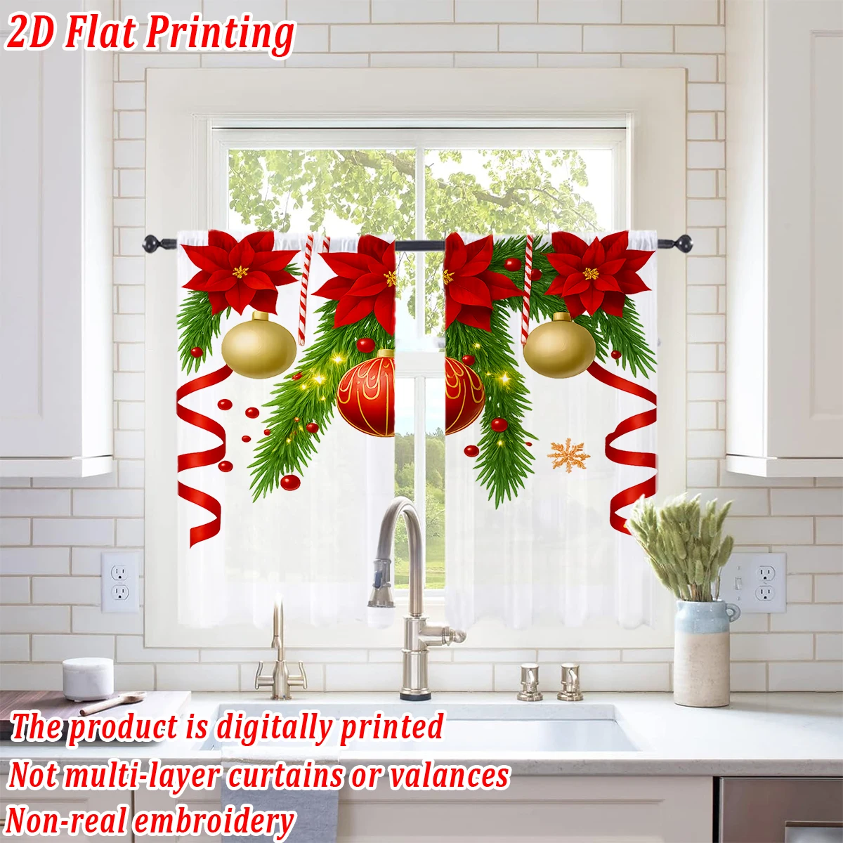 Christmas Flat Printing Kitchen Sheer Curtain with Merry Christmas Poinsettia Bow Ornament For Christmas Home Decor  Party