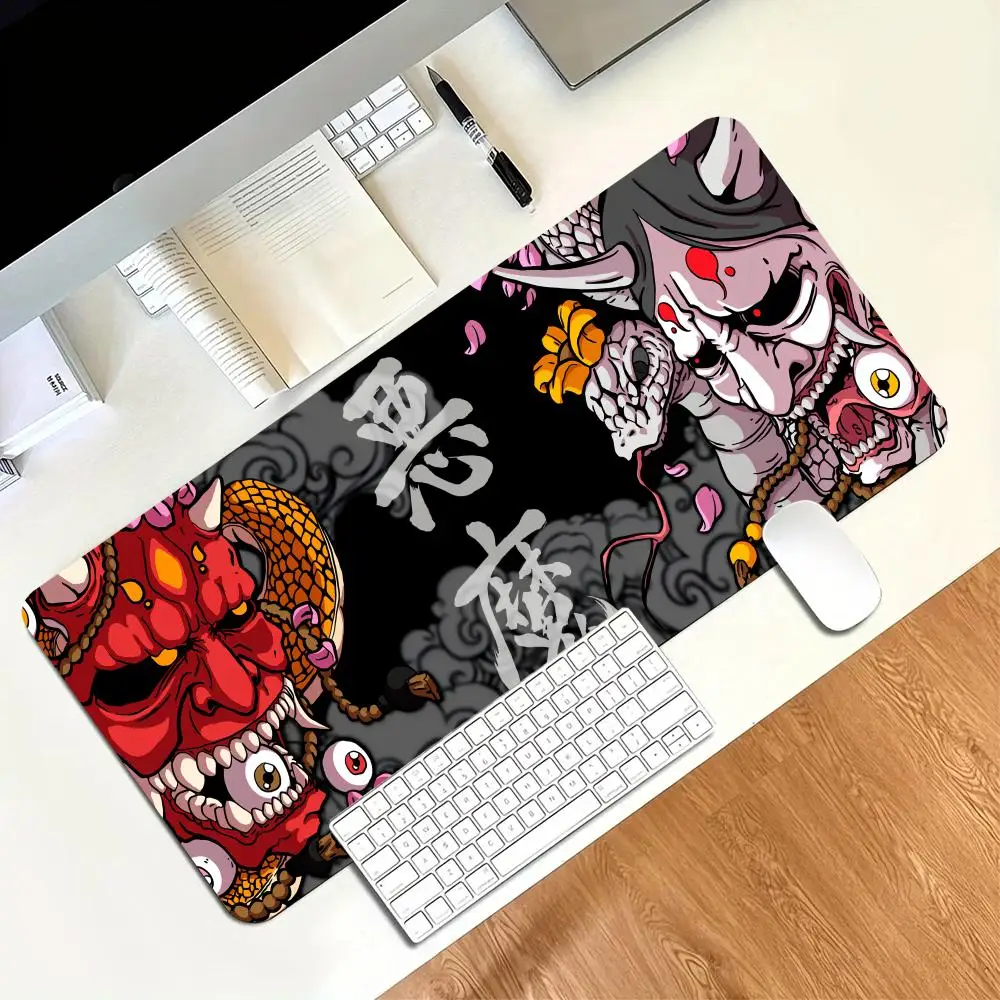 Japanese Oni Mask Gaming Mouse Pad Large Non-Slip Rubber Desk Mat Lock Edge Keyboard Mat HD Print for PC Laptop Gamer Office