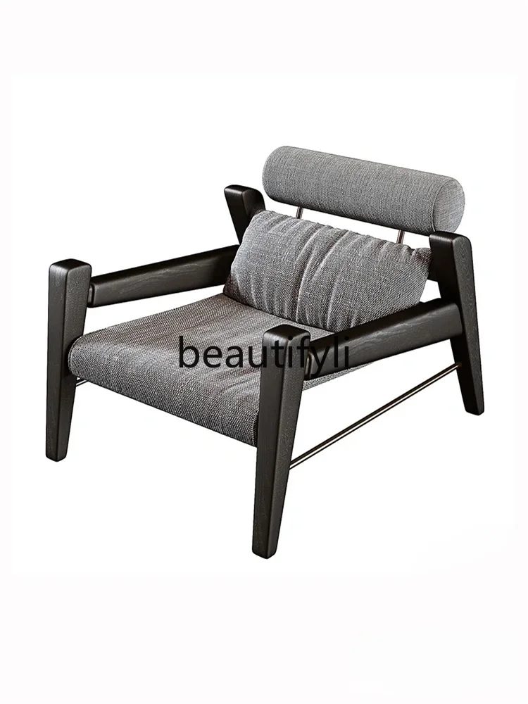

Medieval leather art light luxury art solid wood sofa chair living room balcony leisure chair Nordic single sofa