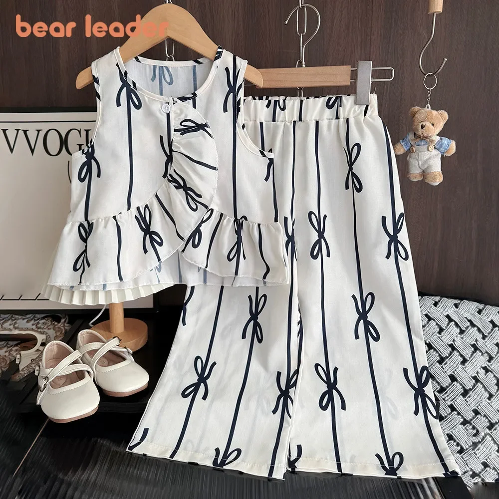 

Bear Leader Summer Stripe Girls Suit Korean Version Bow Printed Sleeveless Top+Wide Leg Pants Two Piece Set Casual Kids Clothes