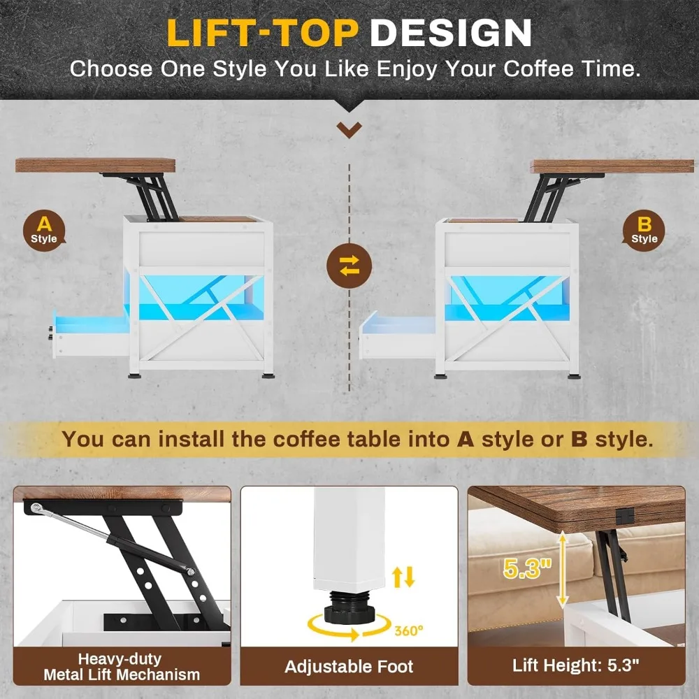LED-Illuminated 4-in-1 White Coffee Table with Storage, Drawers for Living Room, Small Space-Saving Option