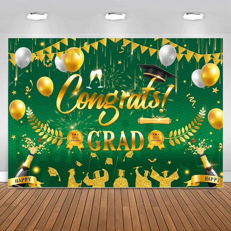 Green Gold Glitter Class of Graduation Prom Party Backdrop Banner Decoration Congrats Grad Celebration Photography Background