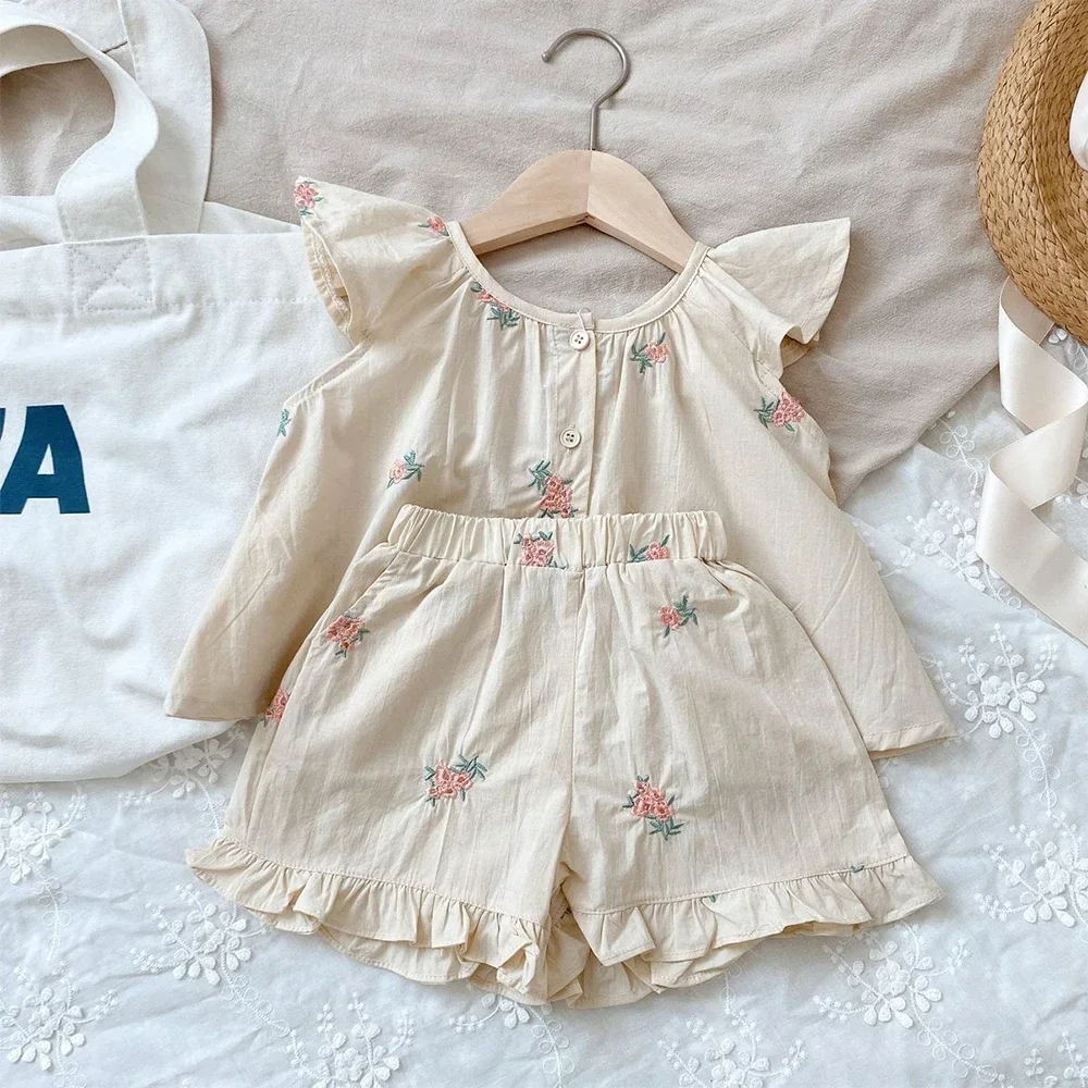 Sommermode-Set für Mädchen, Kinder-Blumendruck, fliegende Ärmel, Top + Shorts, zweiteiliges, süßes, erfrischendes Set für kleine Mädchen – Detail 15