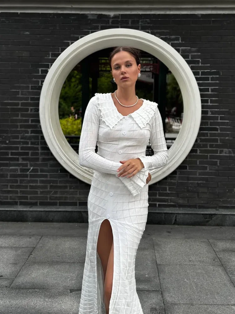 Elegancka damska sukienka z dzianiny z rozcięciem i falbanami, szykowna sukienka z dekoltem w serek, rozkloszowana, z długim rękawem, podkreślająca talię, długa sukienka, sukienka na wakacje, sukienka na przyjęcie.