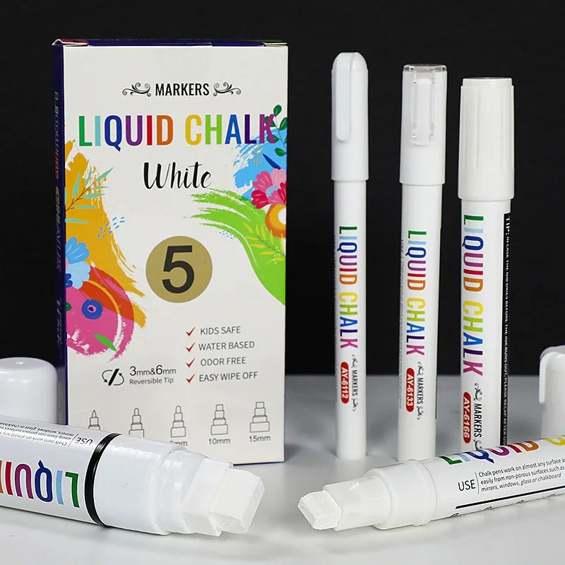 5 قطع/مجموعة علامات الطباشير البيضاء علامات السبورة السائلة، علامة الطباشير السائلة البيضاء للنوافذ، الزجاج - 1، 3، 6، 10، 15 مم نصائح