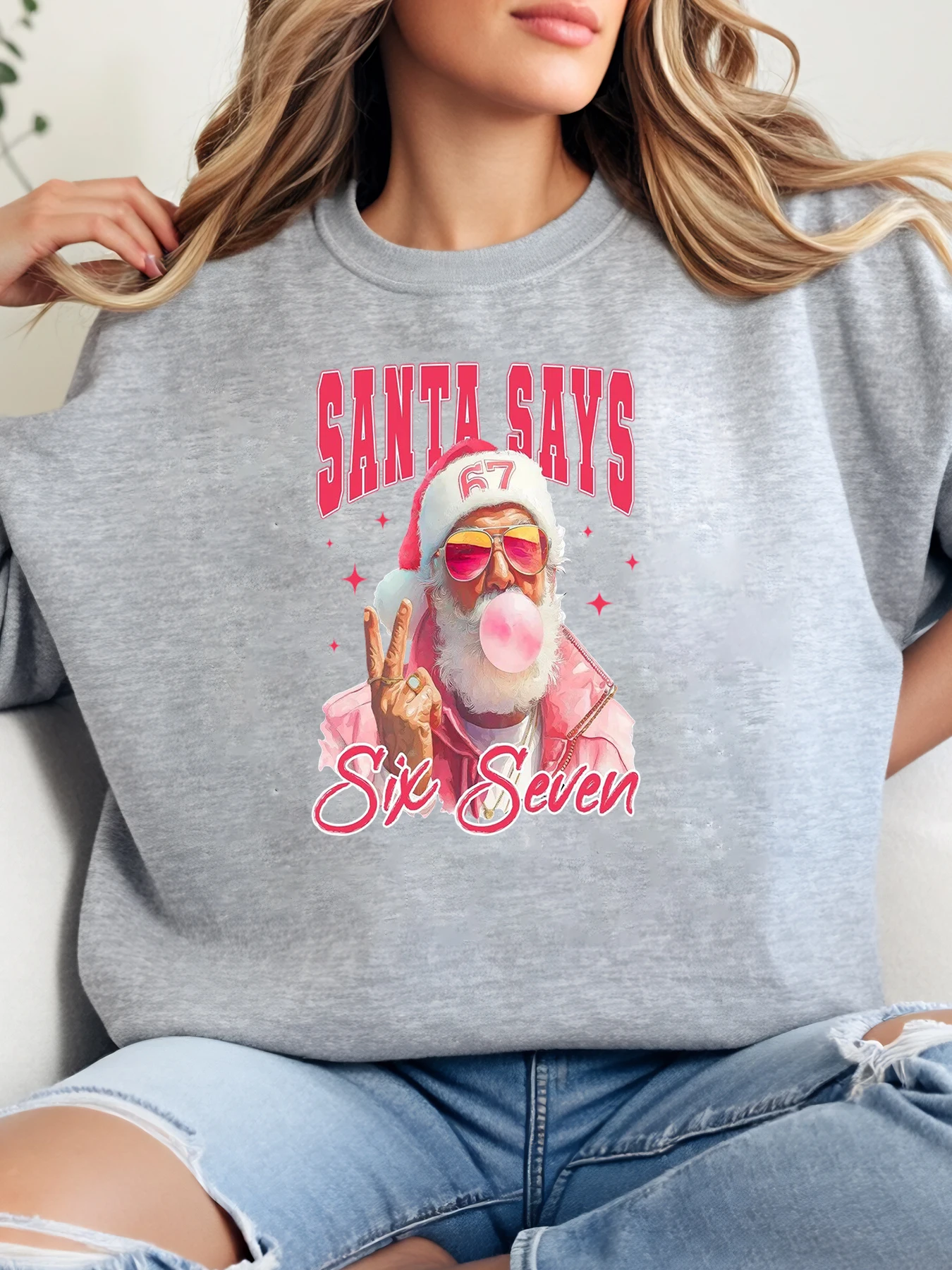 

Santa Says Six Seven Рождественский свитшот с принтом Женская повседневная праздничная одежда Серая больших размеров