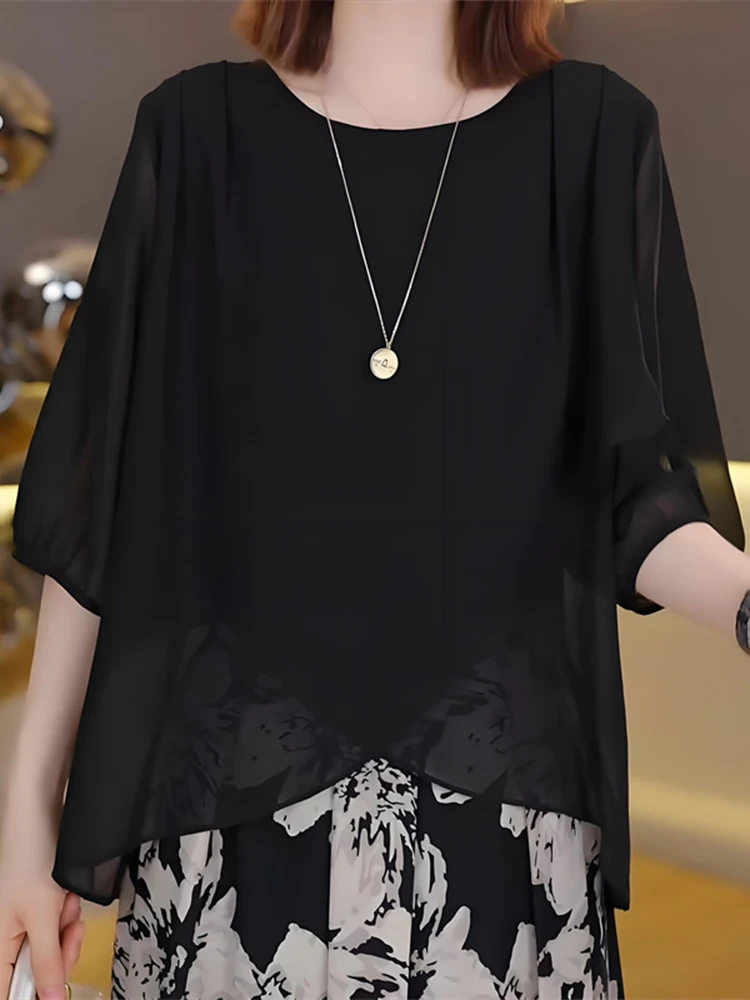 

Sun Protection Five-Quarter Sleeve Shirt Women's Summer New Fashion Slimming Loose Irregular Design Casual Style round Neck Top