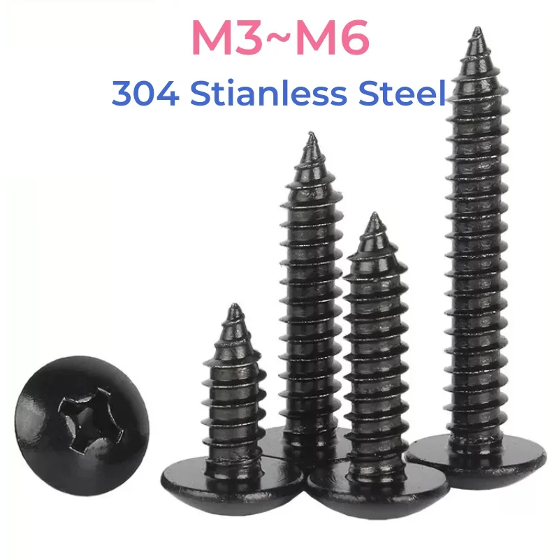 Black 304 Stainless Steel Cross Phillips Truss Head Self-Tapping Screw M3 M4 M5 M6 Large Flat Head Mushroom Head Wood Screws